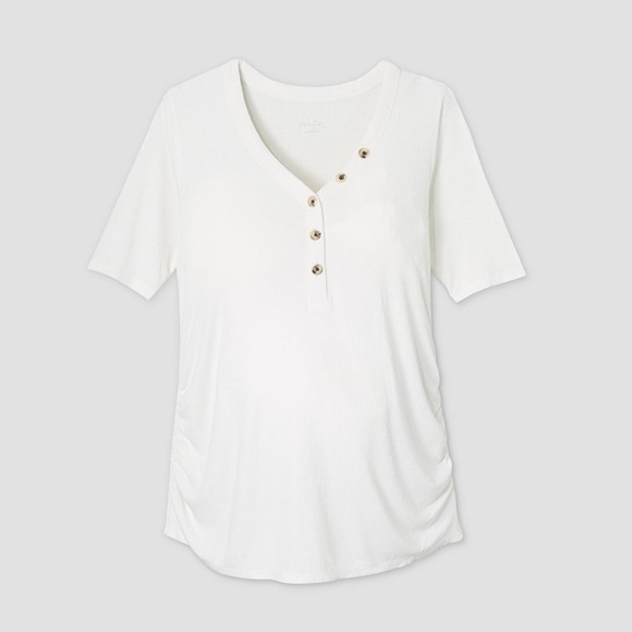 Maternity Elbow Sleeve V-Neck Henley Top - Maternity Ingrid & Isabel White XL - Picture 1 of 6